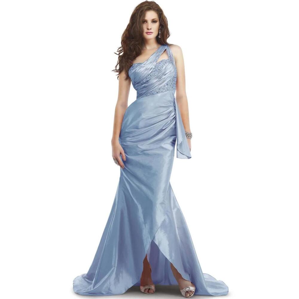 Elegant One-Shoulder Ice Blue Beaded Evening Gown Draped Mermaid Silhouette sz 0
